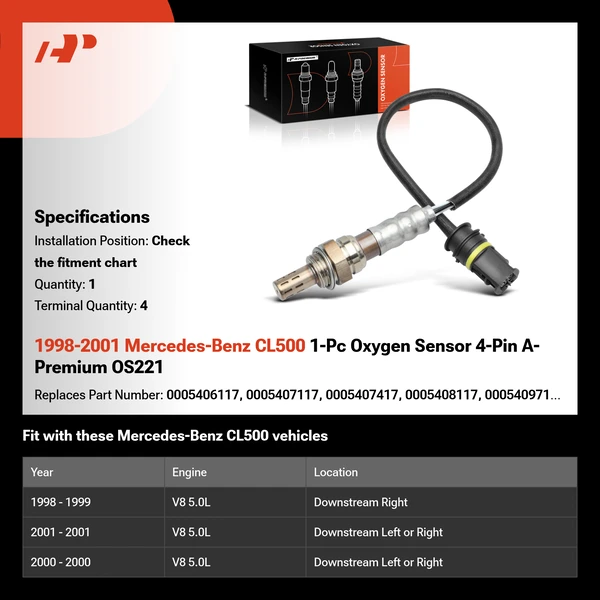 1998-2001 Mercedes-Benz CL500 1-Pc Oxygen Sensor 4-Pin A-Premium OS221