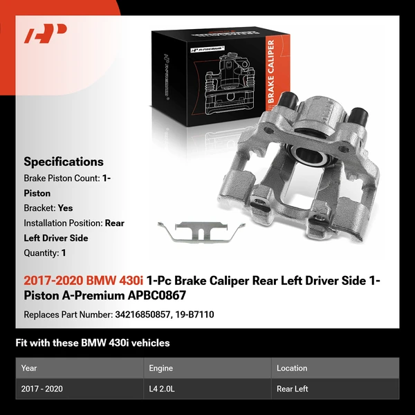 2017-2020 BMW 430i 1-Pc Brake Caliper Rear Left Driver Side 1-Piston A-Premium APBC0867