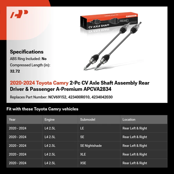 2020-2024 Toyota Camry 2-Pc CV Axle Shaft Assembly Rear Driver & Passenger A-Premium APCVA2834