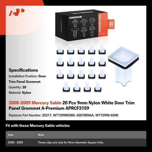 2008-2009 Mercury Sable 20 Pcs 9mm Nylon White Door Trim Panel Grommet A-Premium APRCF3159