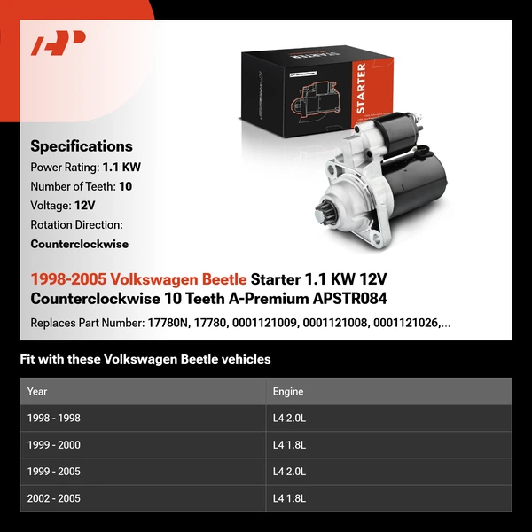 1998-2005 Volkswagen Beetle Starter 1.1 KW 12V Counterclockwise 10 Teeth A-Premium APSTR084
