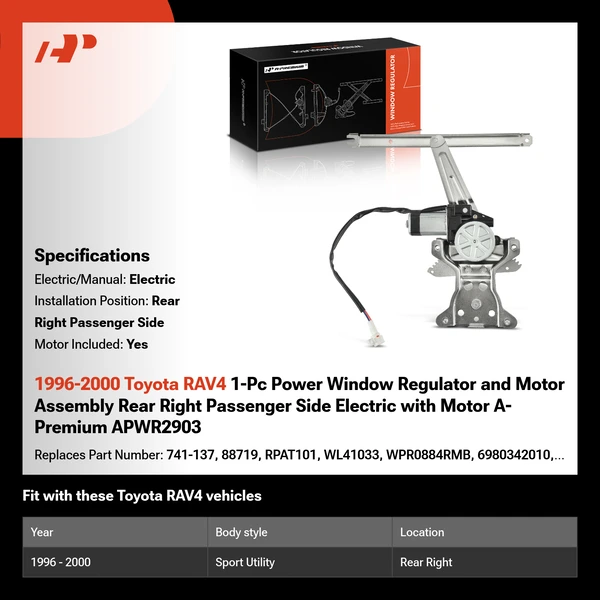 1996-2000 Toyota RAV4 1-Pc Power Window Regulator and Motor Assembly Rear Right Passenger Side Electric with Motor A-Premium APWR2903