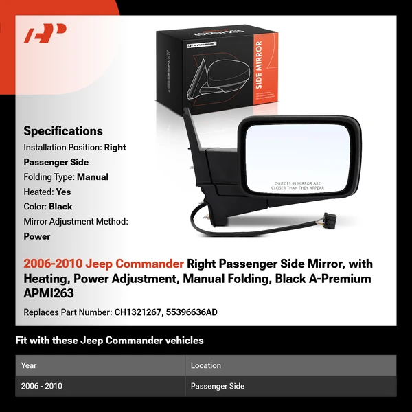 2006-2010 Jeep Commander Right Passenger Side Mirror, with Heating, Power Adjustment, Manual Folding, Black A-Premium APMI263
