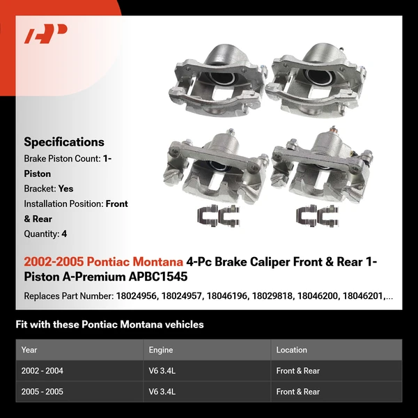 2002-2005 Pontiac Montana 4-Pc Brake Caliper Front & Rear 1-Piston A-Premium APBC1545
