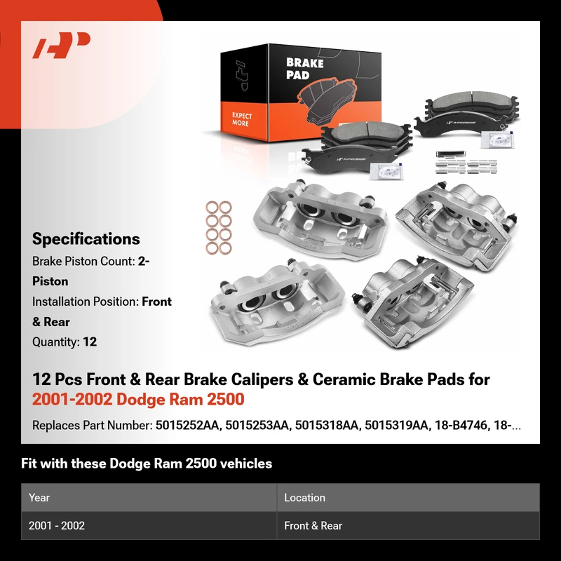 12 Pcs Front & Rear Brake Calipers & Ceramic Brake Pads for 2001-2002 Dodge Ram 2500