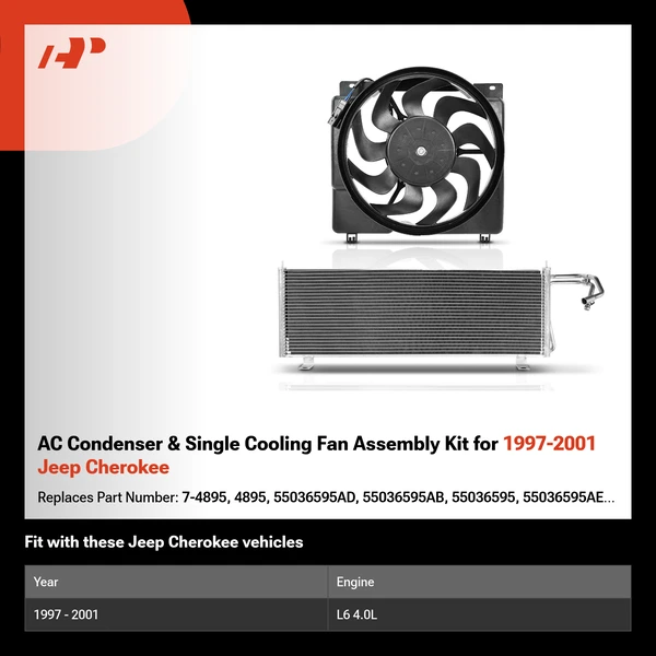 AC Condenser & Single Cooling Fan Assembly Kit for 1997-2001 Jeep Cherokee