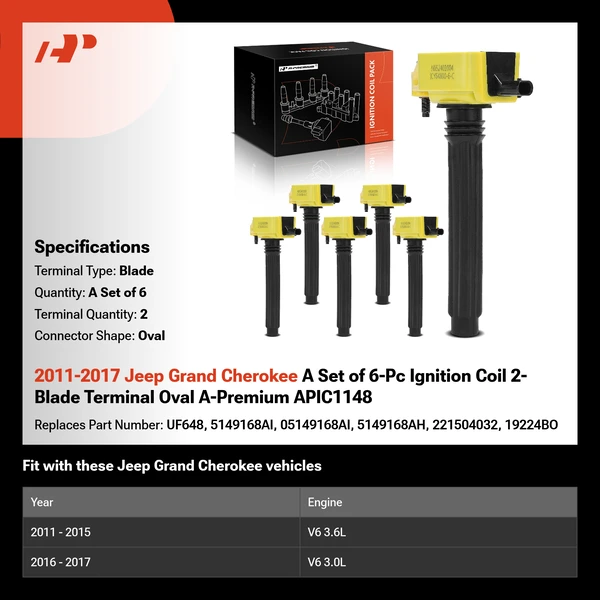 2011-2017 Jeep Grand Cherokee A Set of 6-Pc Ignition Coil 2-Blade Terminal Oval A-Premium APIC1148