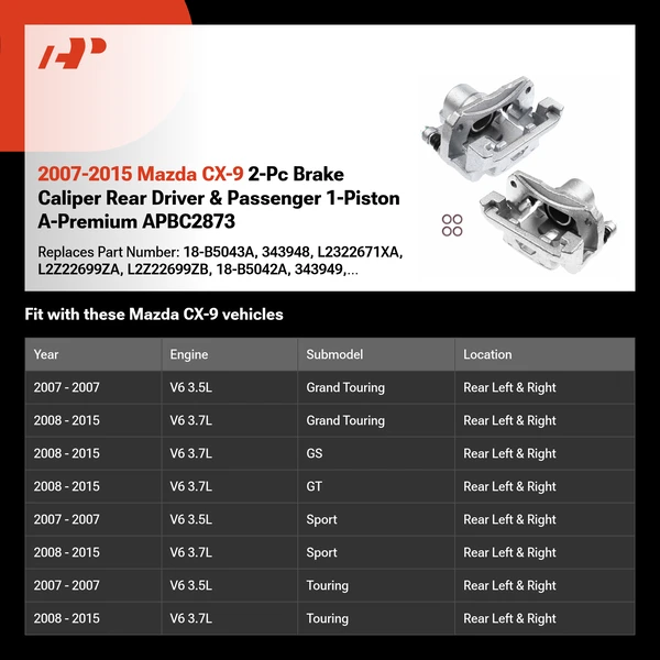 2007-2015 Mazda CX-9 2-Pc Brake Caliper Rear Driver & Passenger 1-Piston A-Premium APBC2873