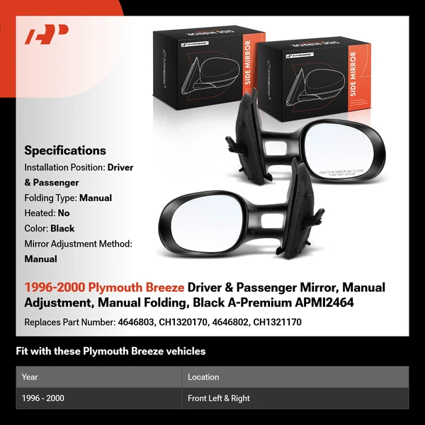1996-2000 Plymouth Breeze Driver & Passenger Mirror, Manual Adjustment, Manual Folding, Black A-Premium APMI2464
