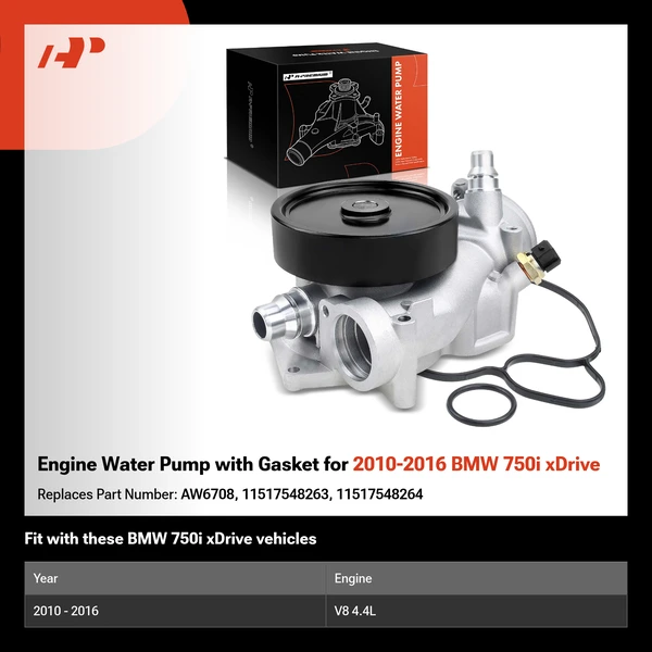 Engine Water Pump with Gasket for 2010-2016 BMW 750i xDrive