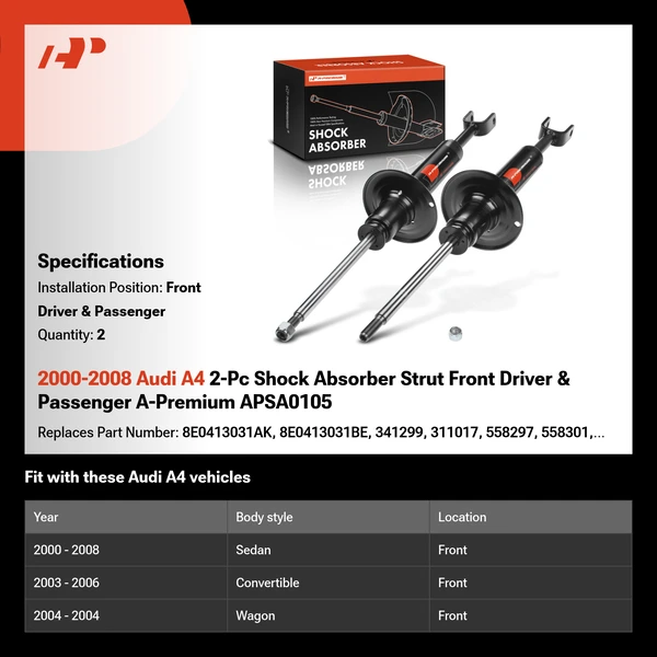 2000-2008 Audi A4 2-Pc Shock Absorber Strut Front Driver & Passenger A-Premium APSA0105