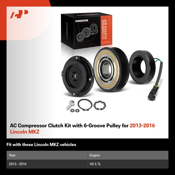 AC Compressor Clutch Kit with 6-Groove Pulley for 2013-2016 Lincoln MKZ
