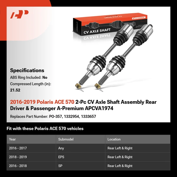 2016-2019 Polaris ACE 570 2-Pc CV Axle Shaft Assembly Rear Driver & Passenger A-Premium APCVA1974