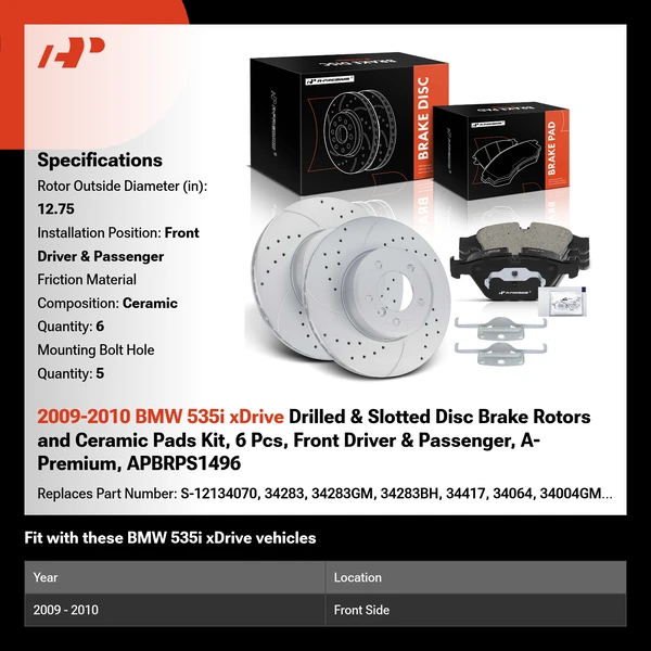 2009-2010 BMW 535i xDrive Drilled & Slotted Disc Brake Rotors and Ceramic Pads Kit, 6 Pcs, Front Driver & Passenger, A-Premium, APBRPS1496