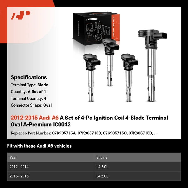 2012-2015 Audi A6 A Set of 4-Pc Ignition Coil 4-Blade Terminal Oval A-Premium IC0042