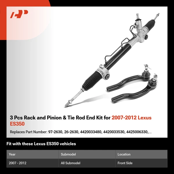 3 Pcs Rack and Pinion & Tie Rod End Kit for 2007-2012 Lexus ES350