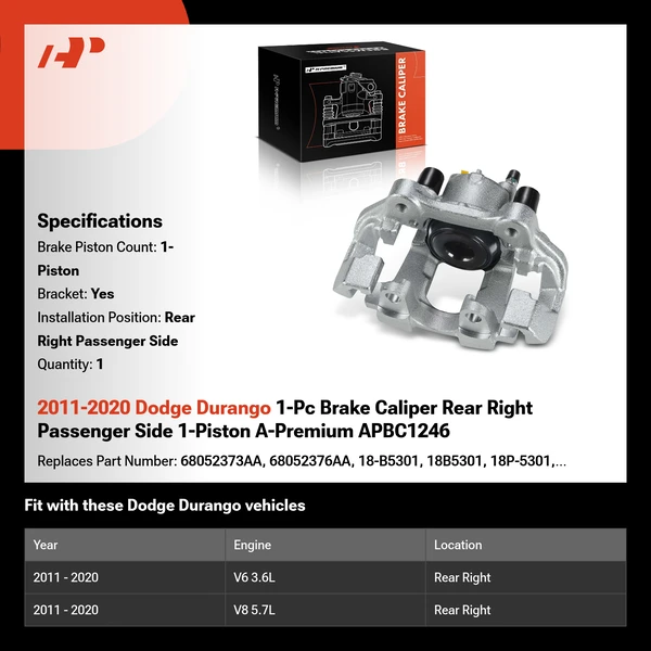 2011-2020 Dodge Durango 1-Pc Brake Caliper Rear Right Passenger Side 1-Piston A-Premium APBC1246
