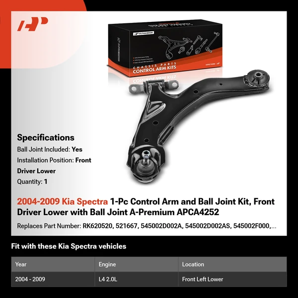 2004-2009 Kia Spectra 1-Pc Control Arm and Ball Joint Kit, Front Driver Lower with Ball Joint A-Premium APCA4252