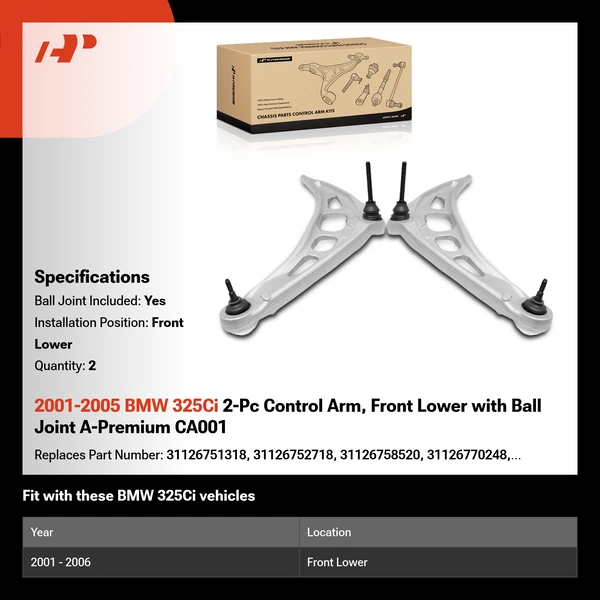 2001-2005 BMW 325Ci 2-Pc Control Arm, Front Lower with Ball Joint A-Premium CA001