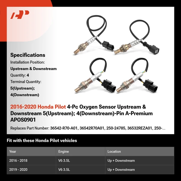2016-2020 Honda Pilot 4-Pc Oxygen Sensor Upstream & Downstream 5(Upstream); 4(Downstream)-Pin A-Premium APOS0901