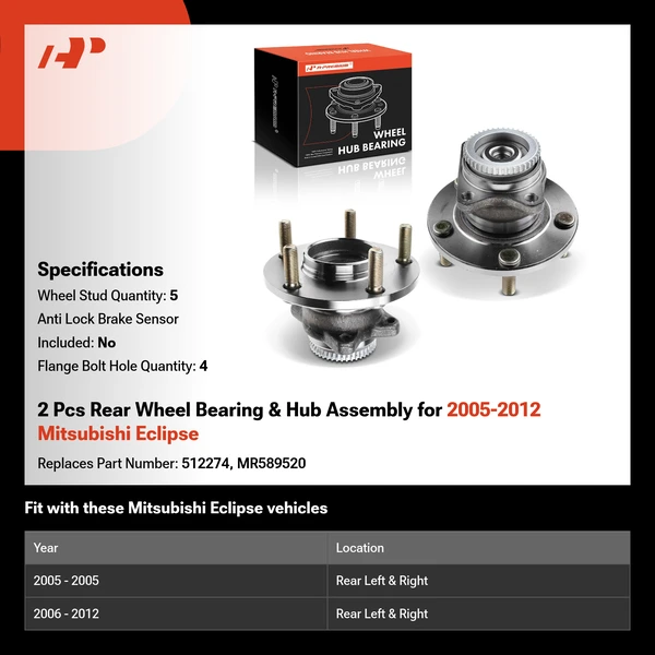 2 Pcs Rear Wheel Bearing & Hub Assembly for 2005-2012 Mitsubishi Eclipse