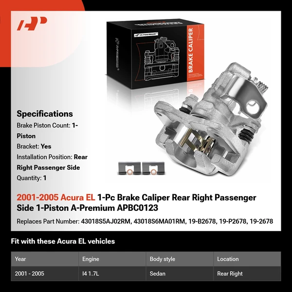 2001-2005 Acura EL 1-Pc Brake Caliper Rear Right Passenger Side 1-Piston A-Premium APBC0123