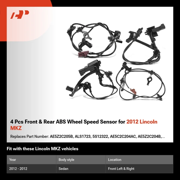4 Pcs Front & Rear ABS Wheel Speed Sensor for 2012 Lincoln MKZ