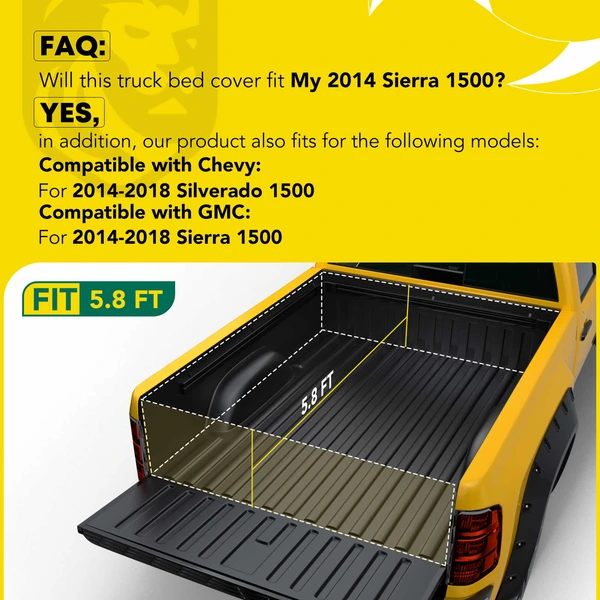 5.8 ft Bed Hard Quad Fold Tonneau Cover with Auto Locking for 2014-2018 GMC Sierra