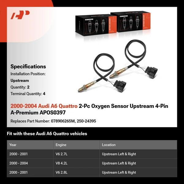 2000-2004 Audi A6 Quattro 2-Pc Oxygen Sensor Upstream 4-Pin A-Premium APOS0397