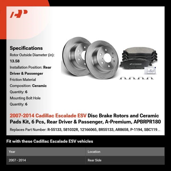 2007-2014 Cadillac Escalade ESV Disc Brake Rotors and Ceramic Pads Kit, 6 Pcs, Rear Driver & Passenger, A-Premium, APBRPR180