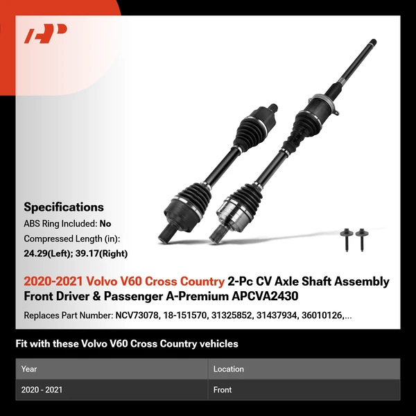 2020-2021 Volvo V60 Cross Country 2-Pc CV Axle Shaft Assembly Front Driver & Passenger A-Premium APCVA2430