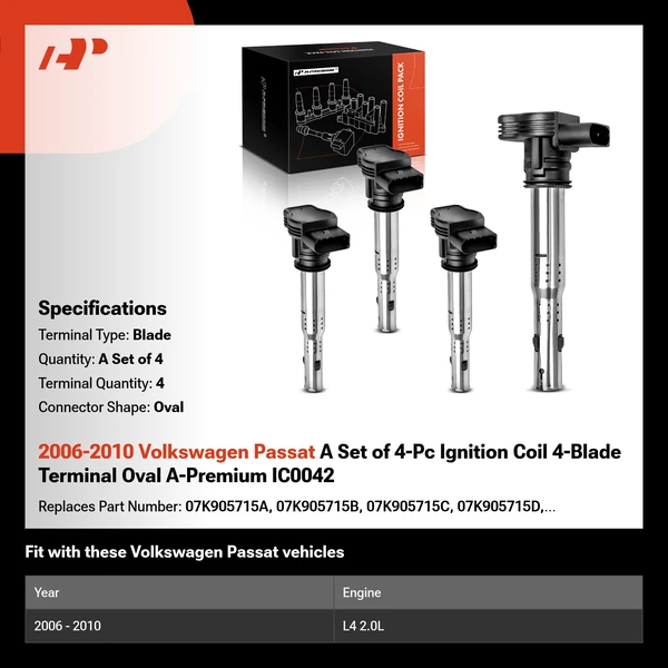 2006-2010 Volkswagen Passat A Set of 4-Pc Ignition Coil 4-Blade Terminal Oval A-Premium IC0042