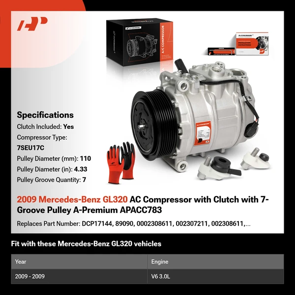 2009 Mercedes-Benz GL320 AC Compressor with Clutch with 7-Groove Pulley A-Premium APACC783