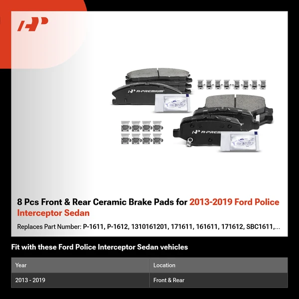 8 Pcs Front & Rear Ceramic Brake Pads for 2013-2019 Ford Police Interceptor Sedan