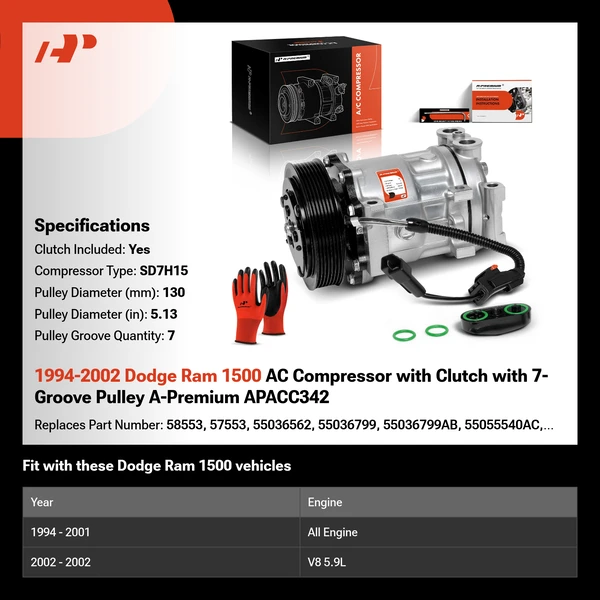 1994-2002 Dodge Ram 1500 AC Compressor with Clutch with 7-Groove Pulley A-Premium APACC342