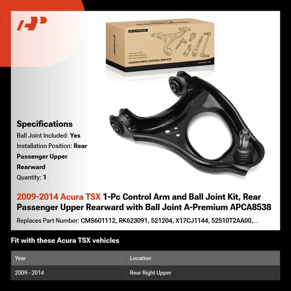 2009-2014 Acura TSX 1-Pc Control Arm and Ball Joint Kit, Rear Passenger Upper Rearward with Ball Joint A-Premium APCA8538