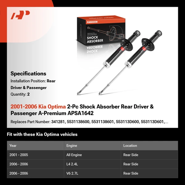 2001-2006 Kia Optima 2-Pc Shock Absorber Rear Driver & Passenger A-Premium APSA1642
