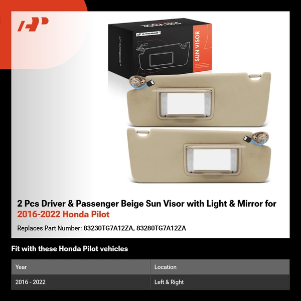 2 Pcs Driver & Passenger Beige Sun Visor with Light & Mirror for 2016-2022 Honda Pilot