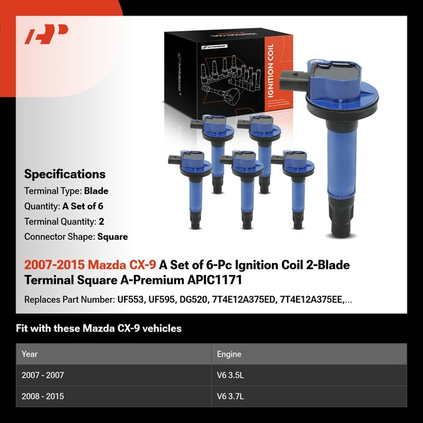 2007-2015 Mazda CX-9 A Set of 6-Pc Ignition Coil 2-Blade Terminal Square A-Premium APIC1171
