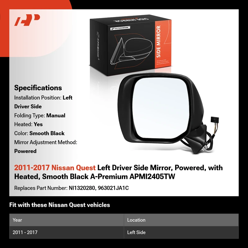 2011-2017 Nissan Quest Left Driver Side Mirror, Powered, with Heated, Smooth Black A-Premium APMI2405TW