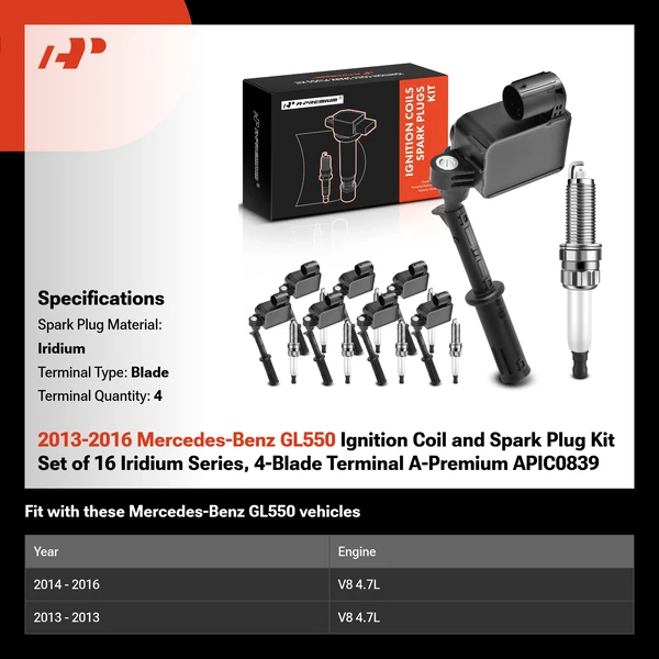 2013-2016 Mercedes-Benz GL550 Ignition Coil and Spark Plug Kit Set of 16 Iridium Series, 4-Blade Terminal A-Premium APIC0839