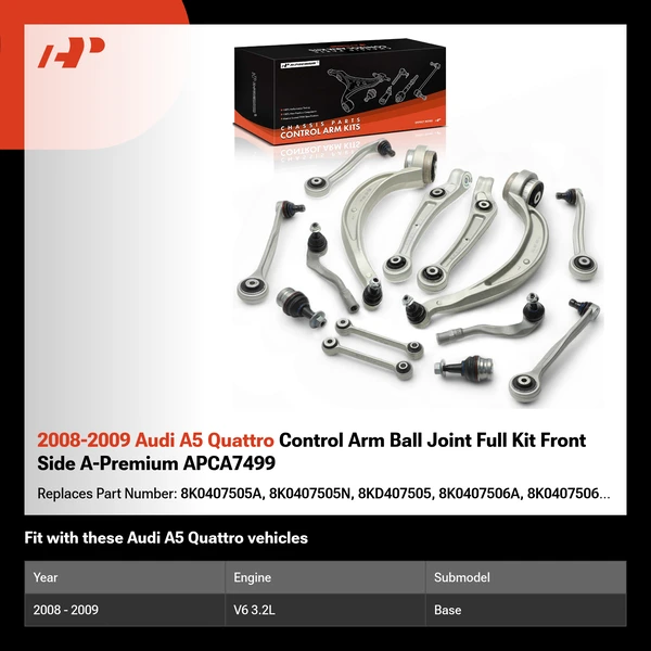 2008-2009 Audi A5 Quattro Control Arm Ball Joint Full Kit Front Side A-Premium APCA7499