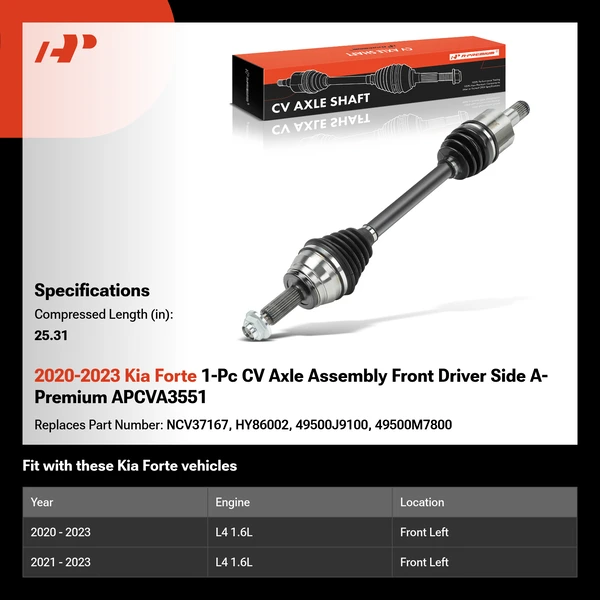 2020-2023 Kia Forte 1-Pc CV Axle Assembly Front Driver Side A-Premium APCVA3551