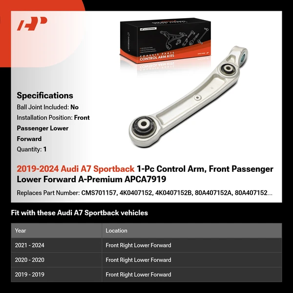 2019-2024 Audi A7 Sportback 1-Pc Control Arm, Front Passenger Lower Forward A-Premium APCA7919