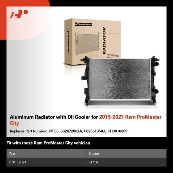 Aluminum Radiator with Oil Cooler for 2015-2021 Ram ProMaster City