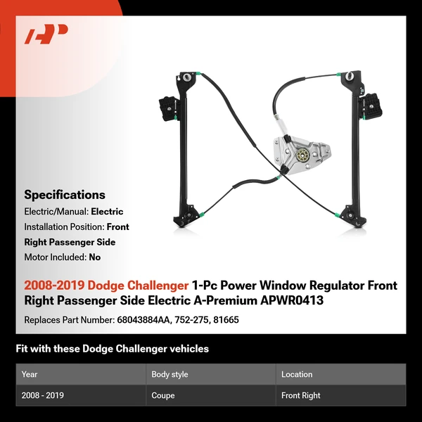 2008-2019 Dodge Challenger 1-Pc Power Window Regulator Front Right Passenger Side Electric A-Premium APWR0413