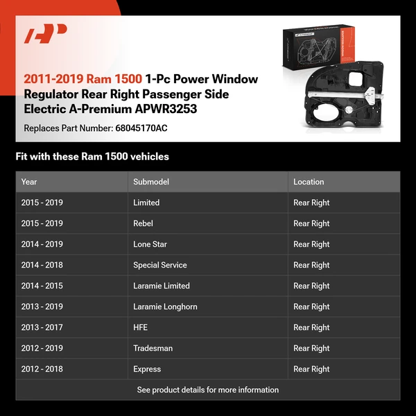 2011-2019 Ram 1500 1-Pc Power Window Regulator Rear Right Passenger Side Electric A-Premium APWR3253