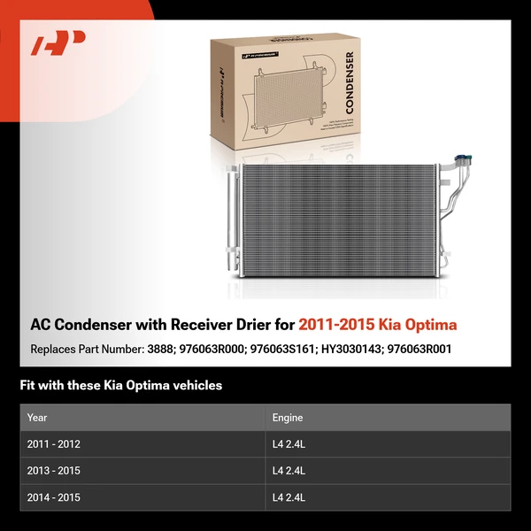 AC Condenser with Receiver Drier for 2011-2015 Kia Optima