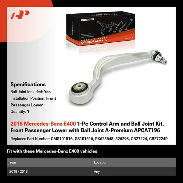 2018 Mercedes-Benz E400 1-Pc Control Arm and Ball Joint Kit, Front Passenger Lower with Ball Joint A-Premium APCA7196