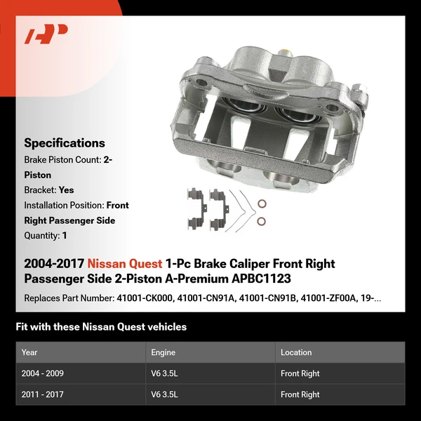 2004-2017 Nissan Quest 1-Pc Brake Caliper Front Right Passenger Side 2-Piston A-Premium APBC1123